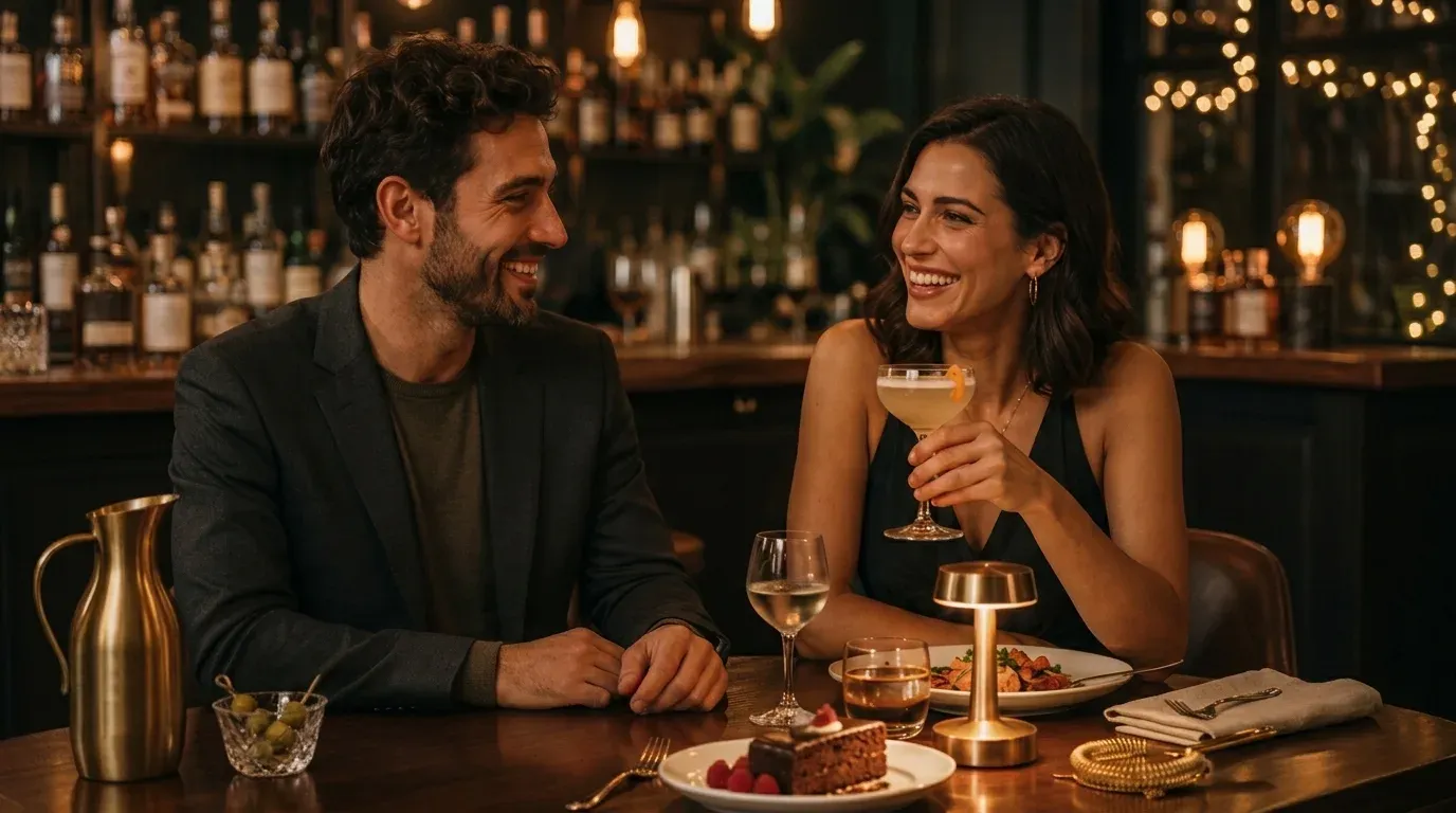 A couple laughing over cocktails and dessert at a warmly lit bar