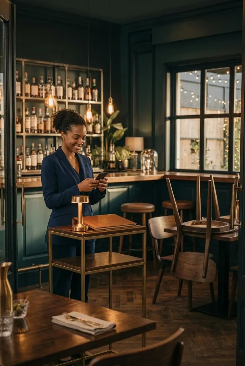 A host in a navy suit smiling at her phone at the front stand of a bar, chairs still up on the tables before opening