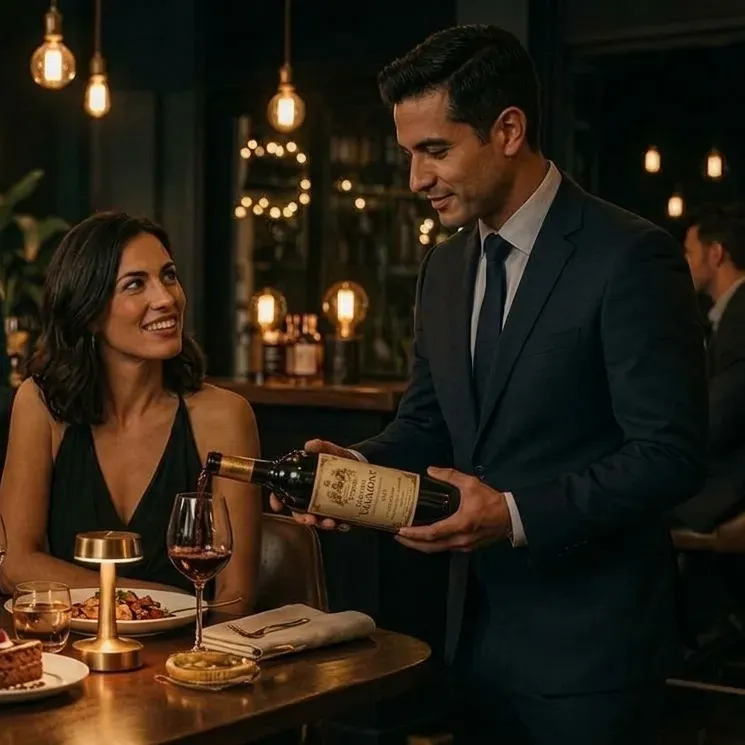 A server in a dark suit pouring a bottle of red wine for a smiling woman at a candlelit bar table