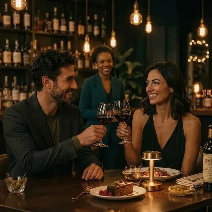 A couple clinking glasses of red wine at a candlelit bar table while a host smiles in the background