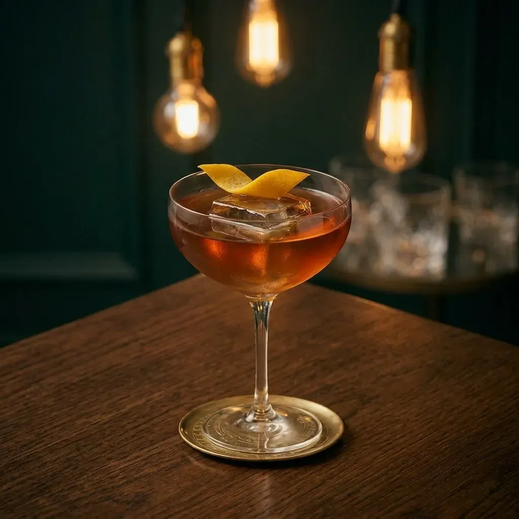 A stirred amber cocktail with an orange twist in a coupe on a brass coaster, under warm Edison bulbs