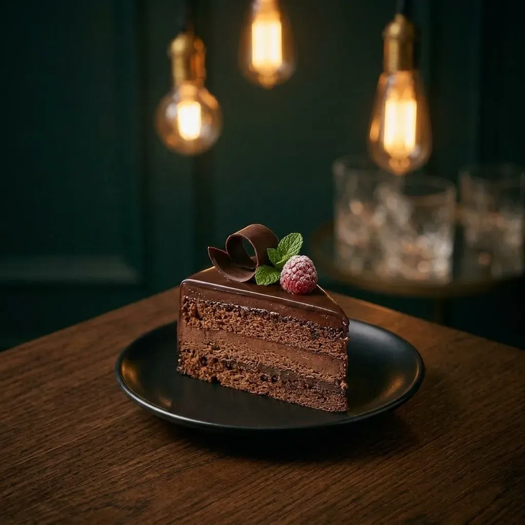 A slice of layered chocolate cake topped with a chocolate curl, a raspberry, and mint on a dark plate