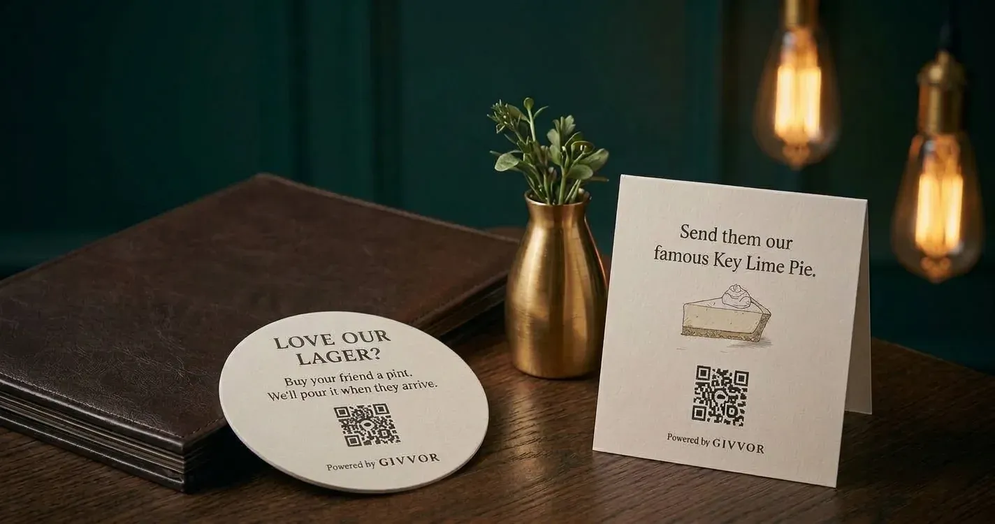 A GIVVOR QR coaster reading "Love our lager? Buy your friend a pint" and a table tent reading "Send them our famous Key Lime Pie," on a wood table beside a leather menu and a brass vase