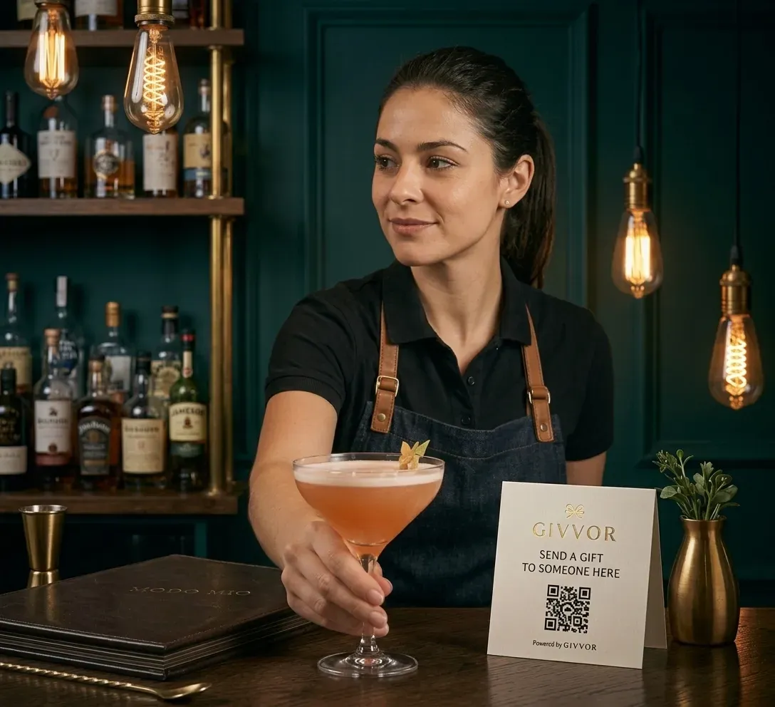A bartender in a denim apron hands a cocktail across the bar beside a GIVVOR table tent that reads "Send a gift to someone here"