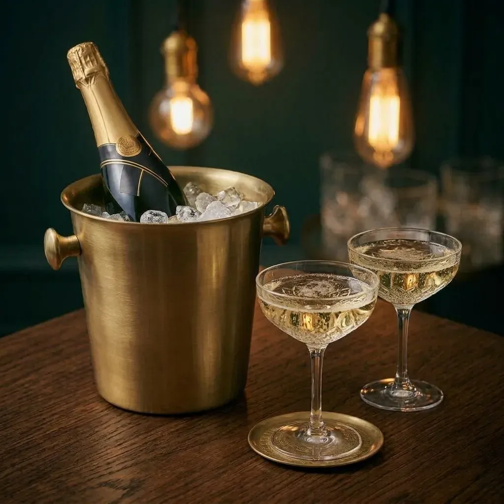 A bottle of champagne on ice in a brass bucket beside two filled coupes on a wooden table, under warm Edison bulbs